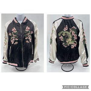 Zafsi Blings Reversible Satin Jacket Womens L Pink Black Embroidered Bomber NEW